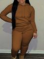 Plus Size Solid Color Hooded Sweatshirt And Pants Two Piece Set