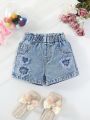 Baby Girl Heart Embroidery Frayed Hem Loose Comfortable Denim Shorts For Holiday Style