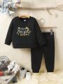 Infant And Boy New Year'S Slogan Printed Casual Round Neck Sweatshirt Solid Color Sweatpants Suit