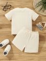 SHEIN Kids QTFun 2pcs/Set Toddler Boys' Jacquard Knit Ribbed Casual Solid Color Sporty Outdoor Holiday Outfits For Summer