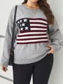 SHEIN LUNE Women's Plus Size Flag Pattern Round Neck Drop Shoulder Sweater