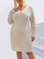 SHEIN LUNE Plus Size Solid Color V-Neck Long Sleeve Sweater Dress