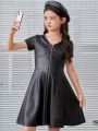 SHEIN Kids HYPEME Tween Girl Sporty Street Style Pu Leather V-Neck Short Sleeve Dress