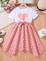 SHEIN Kids EVRYDAY Tween Girls' Heart & Polka Dot Printed Short Sleeve Dress
