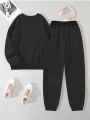 Teen Girls' Casual Letter Print Simple Style Long Sleeve Sweatshirt & Pants Outfits, Suitable For Autumn And Winter Season