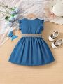 SHEIN Kids EVRYDAY Young Girl'S Comfortable Casual Short Sleeve Vintage Belted Dress With Decorative Bowknot