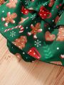 Baby Girl Christmas Print Ruffle Trim Bow Front 2 In 1 Bodysuit & Headband