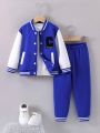 Toddler Boys' Letter Print Striped Baseball Jacket And Sweatpants 2pcs Outfits