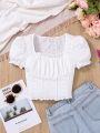 SHEIN Teen Girls' Embroidered Casual T-Shirt With Square Neckline, Puff Sleeve, And Hollow Out Detail