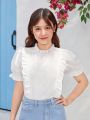 SHEIN Teen Girl'S Woven Pure Color Spliced Lace Patchwork Bubble Sleeve Casual Shirt