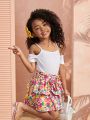 SHEIN Kids Cooltwn Young Girl's Everyday Casual Off-Shoulder Knitted Top Matched With Floral Skirt