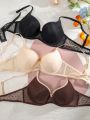 3pcs Heart-Shaped Mesh Bra With Underwire