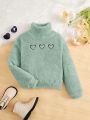 SHEIN Kids KDOMO Teen Girls' Loose Fit College Style High Neck Sweatshirt With Heart Embroidery