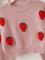 Teen Girl Strawberry Embroidery Lantern Sleeve Sweater