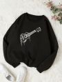 Teenage Girls' Guitar Printed Round Neck Sweatshirt