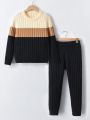 Boys' (Big) Contrast Color Round Neck Sweater And Sweatpants Set With Pits Pattern