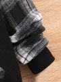 SHEIN Tween Boys' Patchwork Plaid Button Half-Button Hooded Sweatshirt
