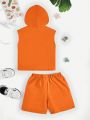 SHEIN Kids EVRYDAY Young Boy Letter Graphic Hooded Tank Top & Drawstring Waist Shorts