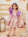 SHEIN Kids Nujoom Young Girls' Slim Fit Cute Flying Sleeve Back Bowknot Floral Jacquard Dress
