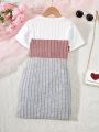 SHEIN Kids EVRYDAY Young Girl Color Block Round Neck Ribbed Dress
