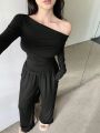 DAZY Women'S Long Sleeve Asymmetric Neckline T-Shirt And Pants Set