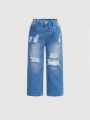 SHEIN Young Girls' Distressed Denim Jeans With Pockets
