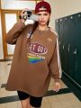 Street Sport Women's Long Sleeve Sweatshirt With Letter Print And Drop Shoulder Design