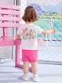Baby Girls' Spring And Summer Letter Printed T-Shirt With Pure Color Skinny Short Leggings Sportswear Set