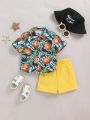 SHEIN Baby Boy's Casual Pineapple Pattern Short Sleeve Shirt And Solid Color Shorts Set For Summer Holiday