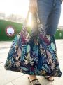Plants Graphic Foldable Leaf Pattern Tote Bag, Large Capacity Shopping Bag Versatile Shoulder Bag