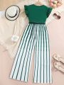 Teenage Girls' Solid Color Ruffle Detailed Top And Striped Wide-Leg Pants