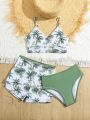 Young Girls' Swimsuit Coconut Tree Printed Two Piece Swimsuit Set