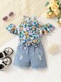 2-Piece Spring And Summer Baby Girl Floral Round Neck Off-Shoulder Top Denim Light Wash Shorts Fashion Trend Set