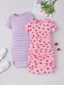 SHEIN Kids EVRYDAY Girls' Knitted Strawberry Pattern Round Neck Pleated Dress And Solid Color Round Neck Pleated Dress 2pcs/set
