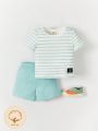 Cozy Cub Baby Boy Letter Patch Striped T-Shirt And Shorts 2pcs Outfits Set