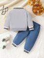 Baby Boys' Fall Turn-Down Collar Two Piece Set With Polo Shirt And Denim Pants, Fashionable