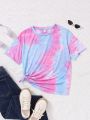 SHEIN Teen Girls' Knit Tie Dye Casual Drop Shoulder Short Sleeve T-Shirt