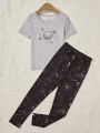 Tween Boy Cosmic Elements Pattern Short Sleeve T-Shirt And Stretchy Comfortable Long Pants Leisurewear 2pcs/Set