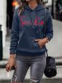 Hooded Sweatshirt With Letter And Heart Embroidery And Drawstring