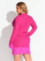 SHEIN SXY New Years Party Valentine'S Lovers Date Outfit Pink Feathered 2pcs Set Blazer & Skirt