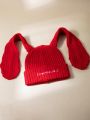 1pc Women's Christmas Red Long Rabbit Ears Folded Edge Knitted Hat, Fun And Warm Winter Beanie, Suitable For Party
