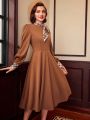 SHEIN DECDS Women's Vintage Elegant Plaid Patchwork Collared Belted Long Sleeve Dress