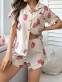 Women's Strawberry Printed Contrast Trim Lapel Short Sleeve Top And Shorts Pajama Set
