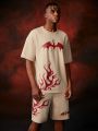 HOUSE OF THE DRAGON X SHEIN 1set Letter & Flame Printed Round Neck T-Shirt And Shorts