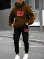 Extended Sizes Men'S Plus Size Number Printed Hooded Sweatshirt And Sweatpants Set With Drawstring