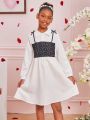 SHEIN Kids Y2Kool Tween Girls' Casual Heart Print Shirt Dress With Color Block Splicing