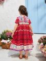 SHEIN Kids EVRYDAY Young Girl Woven Geometric Pattern Round Neck Loose Casual Dress
