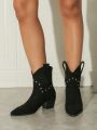 Women's Fashionable Short Boots With Chunky Heel, Pointed Toe, Rivet & Embroidery Decor