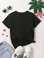 Young Girl Pink Love Heart Pattern Short Sleeve T-Shirt With Round Neck