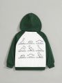 SHEIN Boys' Cute And Comfortable Cartoon Dinosaur Pattern Patchwork Hoodie With Contrast Color Zipper